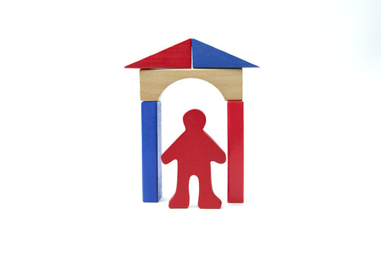 figure red stick man under a wooden archway with the roof of the house on a white background