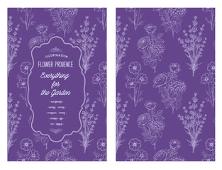 Fototapeta na wymiar Book cover design. Wild flowers card. Vintage pattern of gray lines over violet design. Vector illustration.