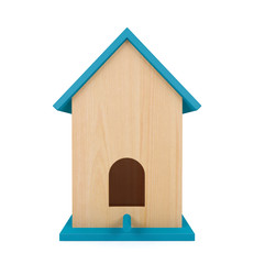Obraz na płótnie Canvas Wooden birdhouse with blue roof isolated on white background, 3D rendering 