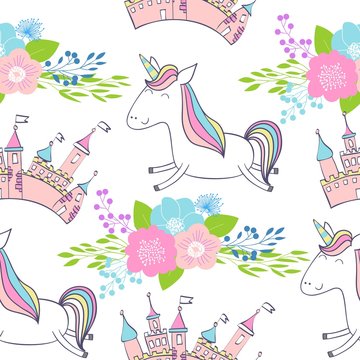 Magic cute unicorns with castle. Vector seamless pattern