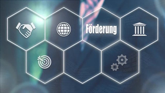 A businessman pressing a Promotion "F&ouml;rderung" button in German on a futuristic computer  display