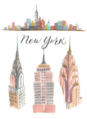 New York building Doodle set. American travel symbols in hand drawn sketch. Watercolor. - 198176456