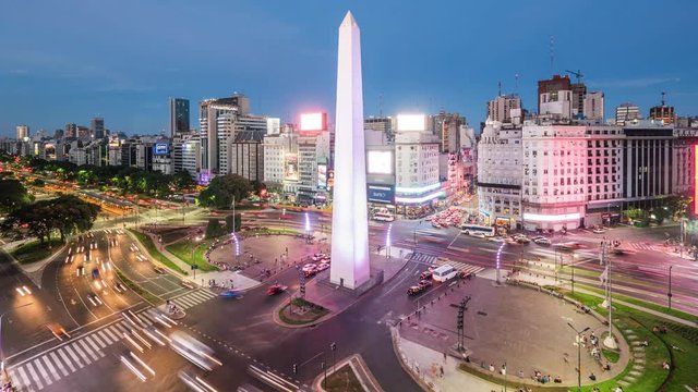 Buenos Aires, Argentina, time lapse view of traffic around the Obelisk of Buenos Aires and 9 de Julio Ave, the widest avenue in the world.