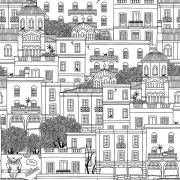 Hand drawn seamless pattern of houses in Athens, Greece