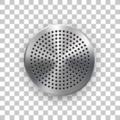 Abstract circle badge, audio button template with circle perforated speaker grill pattern, metal texture, chrome, steel, silver and realistic shadow for logo, badges, web, prints. Vector illustration. - 198177021