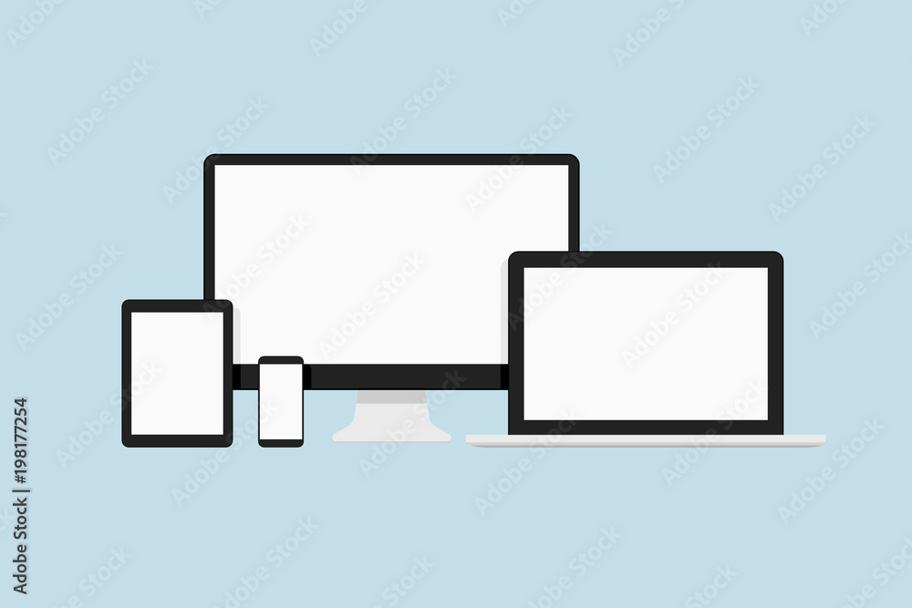 Poster realistic flat style vector digital device gadget mockup set. high quality smartphone, tablet, lapto