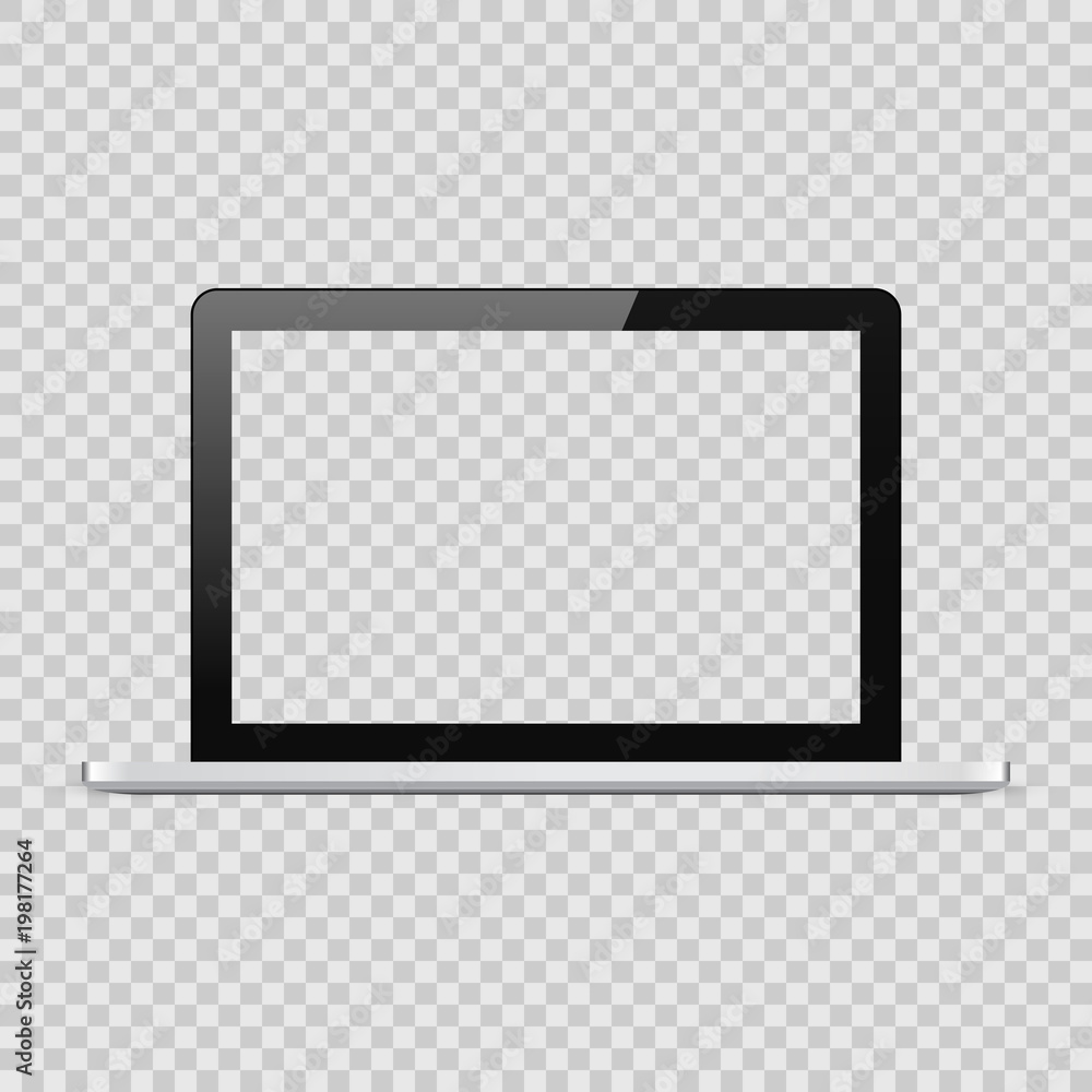 Poster realistic vector black laptop mockup template with blank screen on checkered transparent background