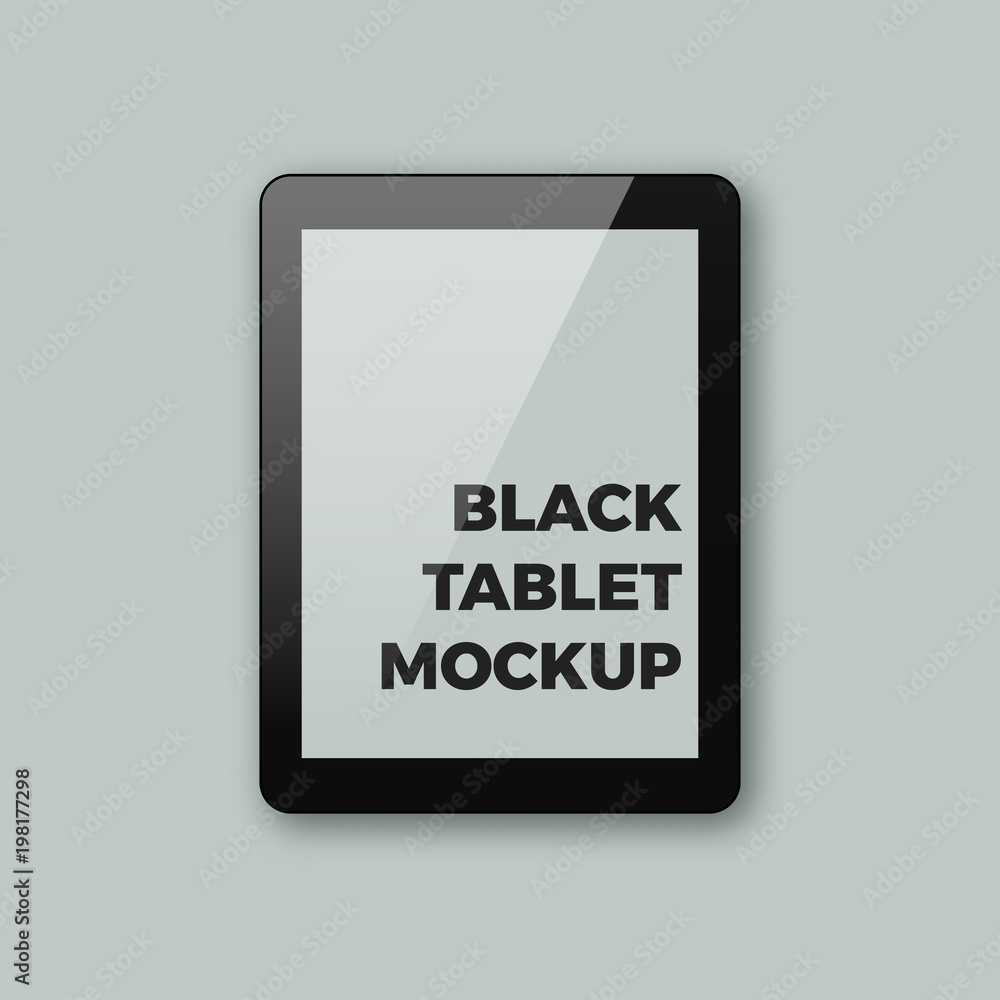 Poster realistic vector tablet shiny icon. stylish glossy black pad with blank empty screen mockup template