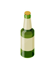 Green isometric beer bottle with blank label vector icon isolated on white background. Transparent glass beer bottle isometric design.