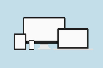 Realistic flat style vector digital device gadget mockup set. High quality smartphone, tablet, laptop and computer monitor flat icons with blank screens for your design.