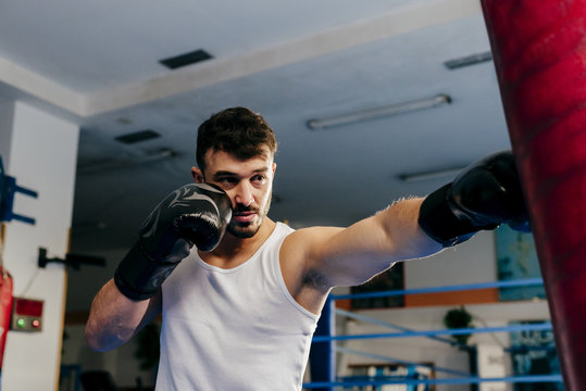 Man Practicing Boxing With Punching Bag In Gym