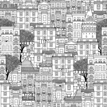 Hand drawn seamless pattern of houses in Istanbul, Turkey with the Galata tower and trees