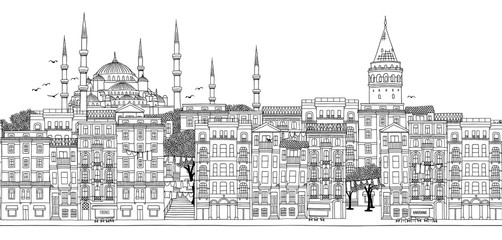 Istanbul, Turkey - Seamless banner of the city’s skyline, hand drawn black and white illustration
