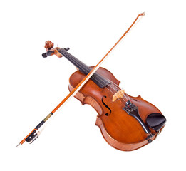 Viola with bow isolated on white background. Instrument for classical music. Fiddlestick lying on the old fiddle. - obrazy, fototapety, plakaty