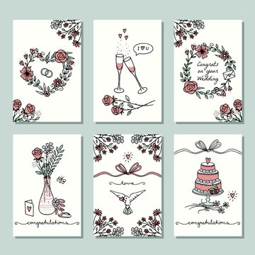 Set of six hand drawn wedding mini cards, design template with flower wreaths, champagne glasses and wedding cake