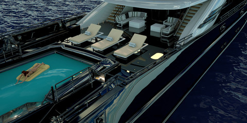 Extremely detailed and realistic high resolution 3D illustration of a luxury super yacht.