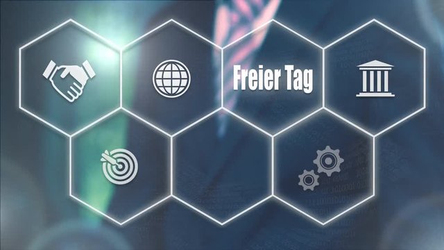 A businessman pressing a Day Off "Freier Tag" button in German on a futuristic computer display