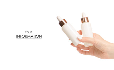 Bottle with cosmetics serum hyaluronic acid in hand pattern