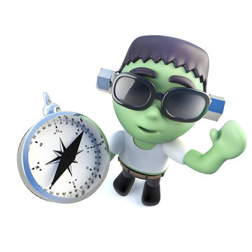 3d Funny cartoon frankenstein monster character holding a compass