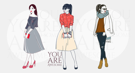 Beautiful young women in a fashion retro clothes in glasses with bag. Vector hand drawn illustration.