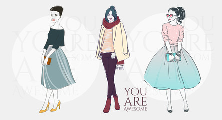 Beautiful young women in a fashion retro clothes in glasses with bag. Vector hand drawn illustration.