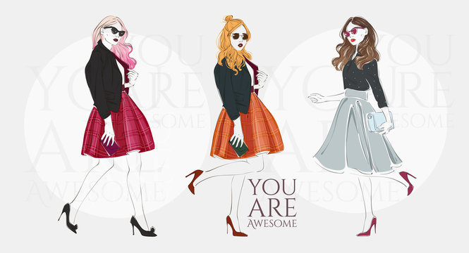 Beautiful young blonde women in a fashion retro clothes with bag on high heels. Vector hand drawn illustration.
