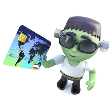 3d Funny cartoon frankenstein monster character holding a debit card