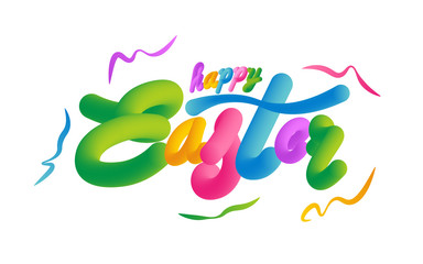 Happy Easter with colorful ribbons on a white background.