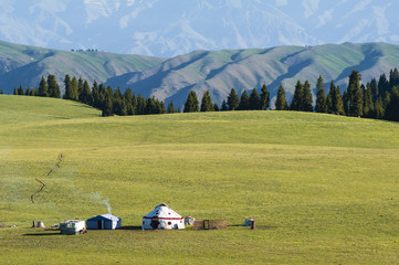 Some Kazak yurts at the grassland in the morning, Xinjiang of China