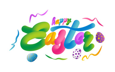 Happy Easter with eggs with different texture and ribbons on a white background.