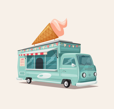 Retro street food van. Vintage ice cream truck. Cartoon vector illustration.