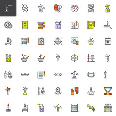 Chemistry elements filled outline icons set, line vector symbol collection, linear colorful pictogram pack. Signs, logo illustration, Set includes icons as molecule, atom, chemical flask, test tube