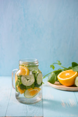 Detox water with vegetables and fruits. Diet healthy eating and weight loss.