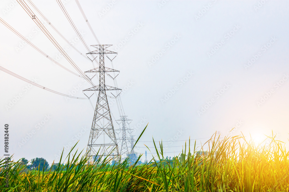 Wall mural electricity concept. close up high voltage power lines station.