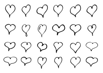 Hand draw heart set, outline vector. Design elements, symbol of love. Isolated on white background.