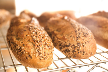 Delicious fresh bread on shelf in bakery