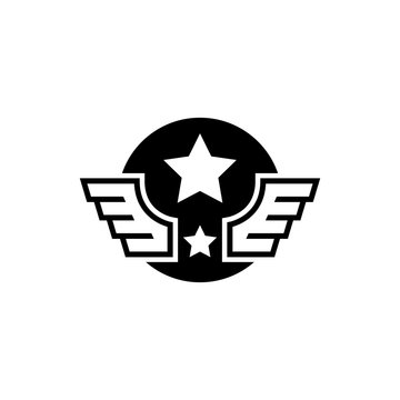 Aviation Military Wings with Star. Flat Vector Icon. Simple black symbol on white background