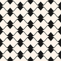 Vector ornamental seamless pattern. Elegant geometric ornament with curved lines, triangles, bows. Stylish abstract monochrome background texture. Repeat design element for textile, home decor, fabric