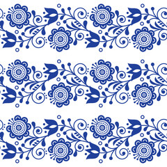 Scandinavian seamless vector pattern with flowers, Nordic folk art repetitive navy blue ornament - long stripes