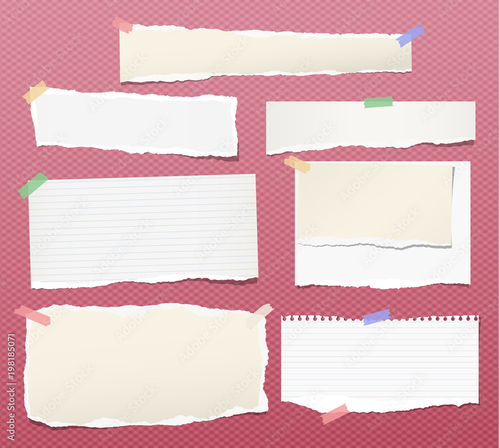 Poster pieces of torn white lined and blank note, notebook paper strips for text stuck with colorful sticky