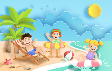 Paper art style of kids having fun at the beach on holiday, swimming in ocean, flat-style vector illustration.
