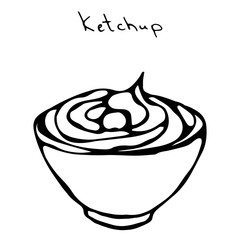 Small White Bowl of Red Tomato Ketchup. Popular Sauce For Italian Cuisine, Pizza, Fast Food and Beer Snacks like French Fries or Potato Chips. Realistic Hand Drawn Illustration. Savoyar Doodle Style.