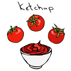 Small White Bowl of Red Tomato Ketchup and Cherry Tomatoes. Sauce For Italian Cuisine, Pizza, Fast Food, Beer Snacks French Fries or Chips. Realistic Hand Drawn Illustration. Savoyar Doodle Style.