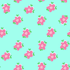 beautiful seamless pattern of pink roses with green leaves on a blue background