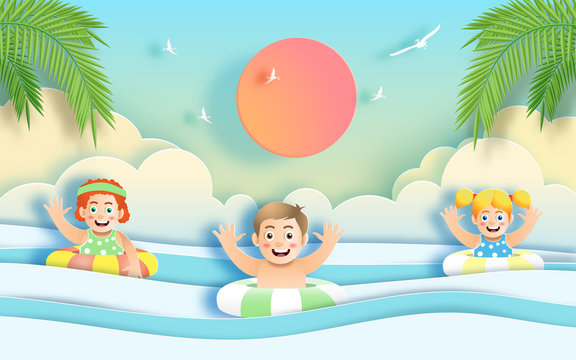 Paper art style of kids having fun at the beach on holiday, swimming in ocean, flat-style vector illustration.