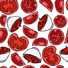 Seamless Endless Background Detailed Slices of Tomato and Bowl of Ketchup Sauce. Cut Tomatoes. Ketchup Logo or Vegetable Salad. Realistic Hand Drawn Vector Illustration. Savoyar Doodle Style.