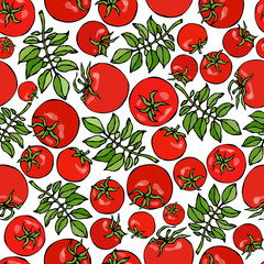 Seamless Pattern with Whole Tomato, Cherry Tomatoes and Tomato Green Leaves. Ketchup or Salad. Fresh Ripe Vegetables Background. Vegan Cuisine. Hand Drawn Vector Illustration. Savoyar Doodle Style.