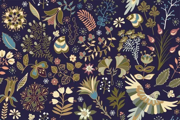 Gardinen Vektor helles nahtloses Muster mit tropischen Pflanzen, Blumen und Vögeln. Bunte Tapeten für Textilien, Cover, Geschenkpapier, Web © sunny_lion