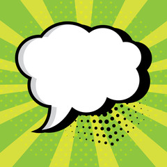 Empty white comic bubble for your text on green background. Comic sound effects in pop art style. Vector illustration