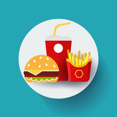 Fast food. Glass of soda with french fries and hamburger on blue background. Vector, illustration, eps 10.